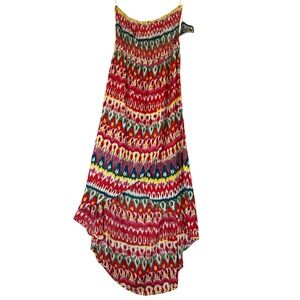 Angie NWT Strapless Smocked High Low Ikat Print Dress Sz S Red Multi Rayon India